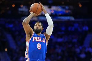 PHILADELPHIA, PENNSYLVANIA - JANUARY 7: Paul George #8 of the Philadelphia 76ers shoots the ball against the Washington Wizards in the first half at Xfinity Mobile Arena on January 7, 2026 in Philadelphia, Pennsylvania. The 76ers defeated the Wizards 131-110. NOTE TO USER: User expressly acknowledges and agrees that, by downloading and or using this photograph, User is consenting to the terms and conditions of the Getty Images License Agreement. (Photo by Mitchell Leff/Getty Images)