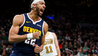 BOSTON, MA - JANUARY 7: Zeke Nnaji #22 of the Denver Nuggets reacts after he dunks the ball over Derrick White #9 of the Boston Celtics in the fourth quarter of the game at TD Garden on January 7, 2026 in Boston, Massachusetts. NOTE TO USER: User expressly acknowledges and agrees that, by downloading and or using this photograph, User is consenting to the terms and conditions of the Getty Images License Agreement. (Photo by Adam Glanzman/Getty Images)