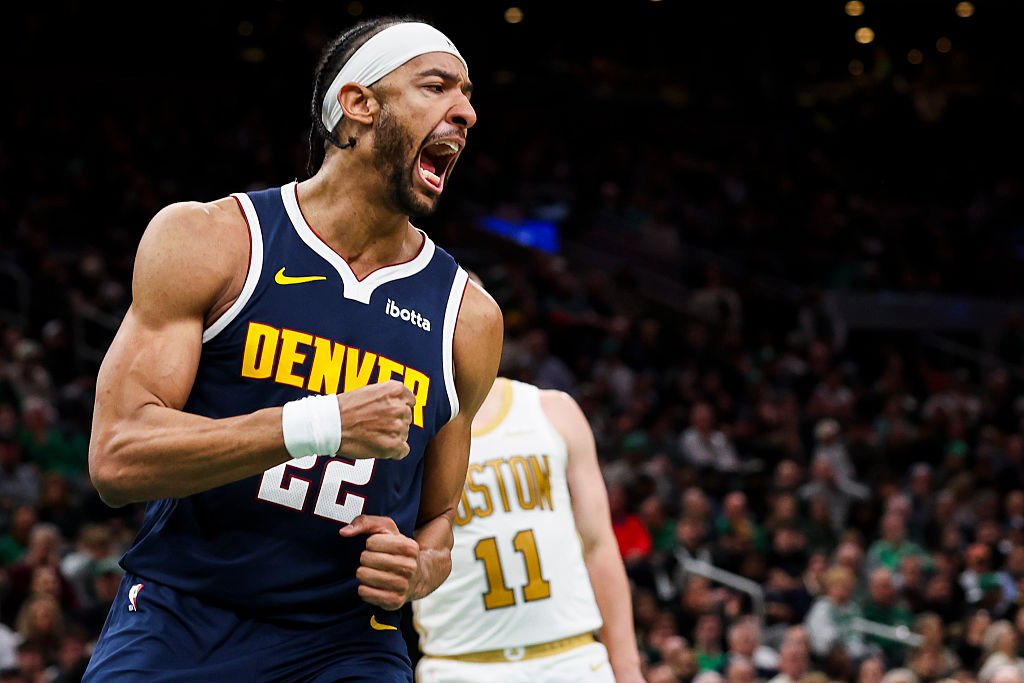 BOSTON, MA - JANUARY 7: Zeke Nnaji #22 of the Denver Nuggets reacts after he dunks the ball over Derrick White #9 of the Boston Celtics in the fourth quarter of the game at TD Garden on January 7, 2026 in Boston, Massachusetts. NOTE TO USER: User expressly acknowledges and agrees that, by downloading and or using this photograph, User is consenting to the terms and conditions of the Getty Images License Agreement. (Photo by Adam Glanzman/Getty Images)