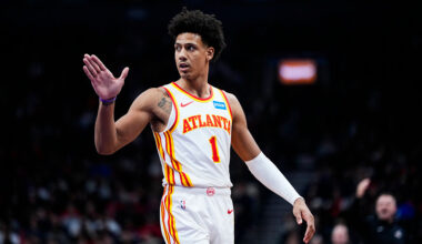 TORONTO, CANADA - JANUARY 3: Jalen Johnson #1 of Atlanta Hawks looks on as he plays the Toronto Raptors during the first half of their basketball game at the Scotiabank Arena on January 3, 2026 in Toronto, Ontario, Canada. NOTE TO USER: User expressly acknowledges and agrees that, by downloading and/or using this Photograph, user is consenting to the terms and conditions of the Getty Images License Agreement. (Photo by Mark Blinch/Getty Images)
