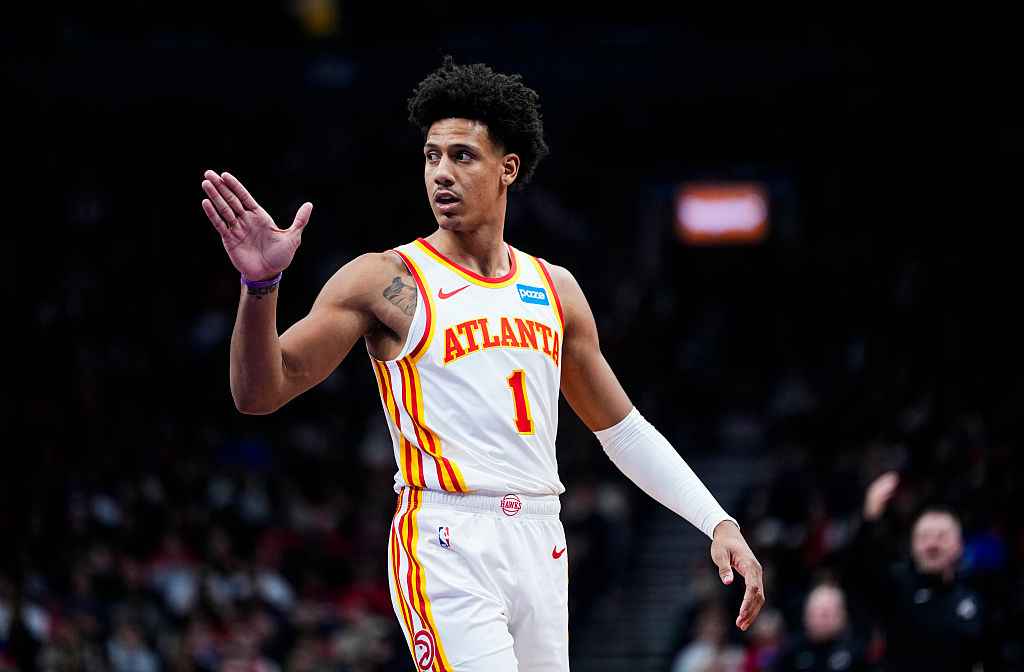 TORONTO, CANADA - JANUARY 3: Jalen Johnson #1 of Atlanta Hawks looks on as he plays the Toronto Raptors during the first half of their basketball game at the Scotiabank Arena on January 3, 2026 in Toronto, Ontario, Canada. NOTE TO USER: User expressly acknowledges and agrees that, by downloading and/or using this Photograph, user is consenting to the terms and conditions of the Getty Images License Agreement. (Photo by Mark Blinch/Getty Images)