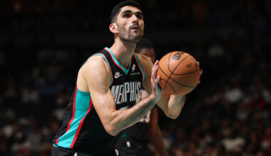 MEMPHIS, TN - JANUARY 9: Santi Aldama #7 of the Memphis Grizzlies free throw during the game against the Oklahoma City Thunder on January 9, 2026 at FedExForum in Memphis, Tennessee. NOTE TO USER: User expressly acknowledges and agrees that, by downloading and or using this photograph, User is consenting to the terms and conditions of the Getty Images License Agreement. Mandatory Copyright Notice: Copyright 2026 NBAE (Photo by Joe Murphy/NBAE via Getty Images)