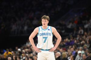 SALT LAKE CITY, UT - JANUARY 10: Kon Knueppel #7 of the Charlotte Hornets during the game against the Utah Jazz on January 10 2026 at Delta Center in Salt Lake City, Utah. NOTE TO USER: User expressly acknowledges and agrees that, by downloading and or using this Photograph, User is consenting to the terms and conditions of the Getty Images License Agreement. Mandatory Copyright Notice: Copyright 2026 NBAE (Photo by Alex Goodlett/NBAE via Getty Images)