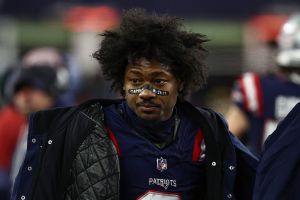 FOXBOROUGH, MA - JANUARY 4: Stefon Diggs #8 of the New England Patriots on the sidelines during the game against the Miami Dolphins at Gillette Stadium on January 4, 2026 in Foxborough, Massachusetts.(Photo By Winslow Townson/Getty Images)