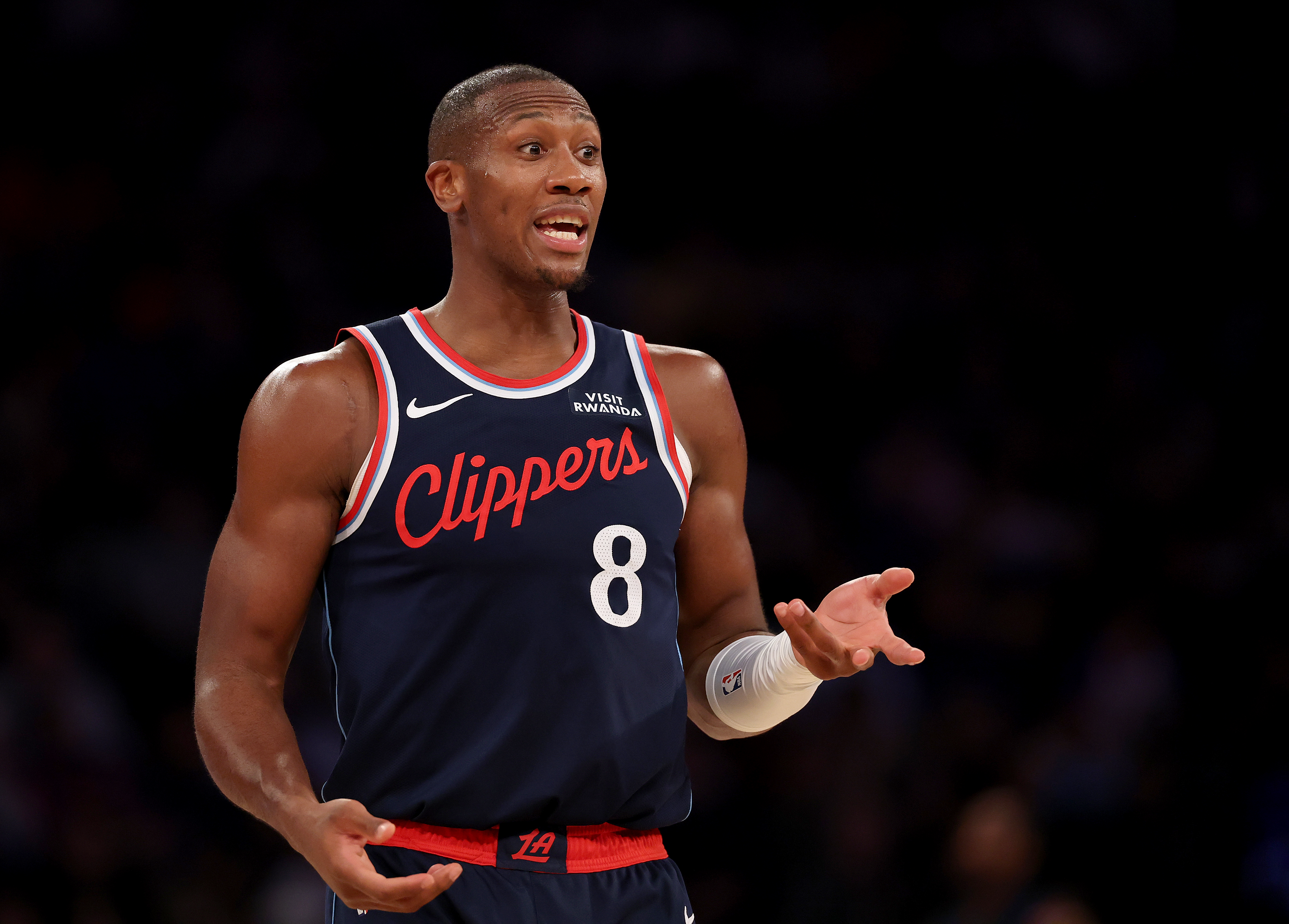 Clippers guard Kris Dunn reacts during the second half of...