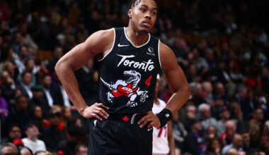 TORONTO, CANADA - JANUARY 12: Scottie Barnes #4 of the Toronto Raptors looks on during the game against the Philadelphia 76ers on January 12, 2025 at the Scotiabank Arena in Toronto, Ontario, Canada.