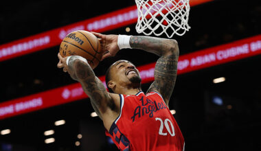 NEW YORK, NEW YORK - JANUARY 09: John Collins #20 of the LA Clippers goes to the basket during the first half against the Brooklyn Nets at Barclays Center on January 09, 2026 in the Brooklyn borough of New York City. NOTE TO USER: User expressly acknowledges and agrees that, by downloading and or using this photograph, User is consenting to the terms and conditions of the Getty Images License Agreement. (Photo by Sarah Stier/Getty Images)