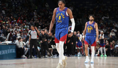 NEW ORLEANS, LA - JANUARY 13: Peyton Watson #8 of the Denver Nuggets celebrates during the game against the New Orleans Pelicans on January 13, 2026 at the Smoothie King Center in New Orleans, Louisiana. NOTE TO USER: User expressly acknowledges and agrees that, by downloading and or using this Photograph, user is consenting to the terms and conditions of the Getty Images License Agreement. Mandatory Copyright Notice: Copyright 2026 NBAE (Photo by Layne Murdoch Jr./NBAE via Getty Images)