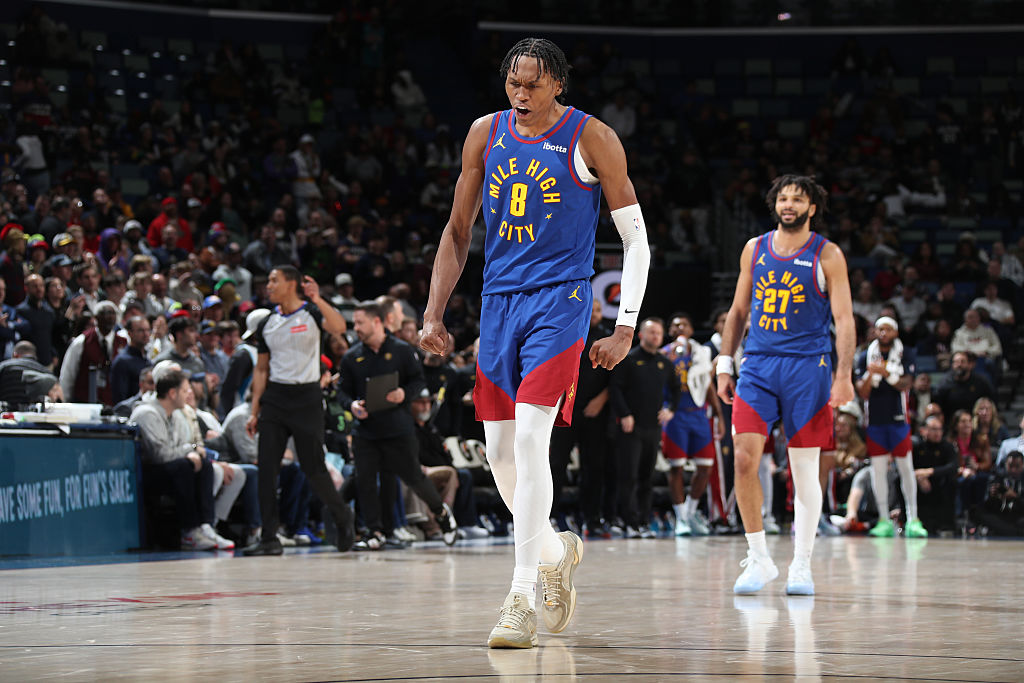 NEW ORLEANS, LA - JANUARY 13: Peyton Watson #8 of the Denver Nuggets celebrates during the game against the New Orleans Pelicans on January 13, 2026 at the Smoothie King Center in New Orleans, Louisiana. NOTE TO USER: User expressly acknowledges and agrees that, by downloading and or using this Photograph, user is consenting to the terms and conditions of the Getty Images License Agreement. Mandatory Copyright Notice: Copyright 2026 NBAE (Photo by Layne Murdoch Jr./NBAE via Getty Images)