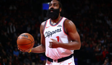 TORONTO, CANADA - JANUARY 16: James Harden #1 of the LA Clippers prepares to shoot a free throw during the game against the Toronto Raptors on January 16, 2026 at the Scotiabank Arena in Toronto, Ontario, Canada. NOTE TO USER: User expressly acknowledges and agrees that, by downloading and or using this Photograph, user is consenting to the terms and conditions of the Getty Images License Agreement. Mandatory Copyright Notice: Copyright 2026 NBAE (Photo by Vaughn Ridley/NBAE via Getty Images)