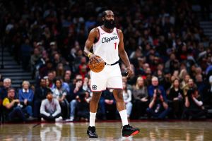 TORONTO, CANADA - JANUARY 16: James Harden #1 of the Los Angeles Clippers dribbles up the court against the Toronto Raptors during the second half of their NBA game at Scotiabank Arena on January 16, 2026 in Toronto, Ontario, Canada. NOTE TO USER: User expressly acknowledges and agrees that, by downloading and/or using this Photograph, user is consenting to the terms and conditions of the Getty Images License Agreement (Photo by Cole Burston/Getty Images)