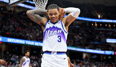 CLEVELAND, OHIO - JANUARY 12: Guard Keyonte George #3 of the Utah Jazz reacts during the fourth quarter against the Cleveland Cavaliers at Rocket Arena on January 12, 2026 in Cleveland, Ohio. The Jazz defeated the Cavaliers 123-112. NOTE TO USER: User expressly acknowledges and agrees that, by downloading and or using this photograph, User is consenting to the terms and conditions of the Getty Images License Agreement. (Photo by Jason Miller/Getty Images)