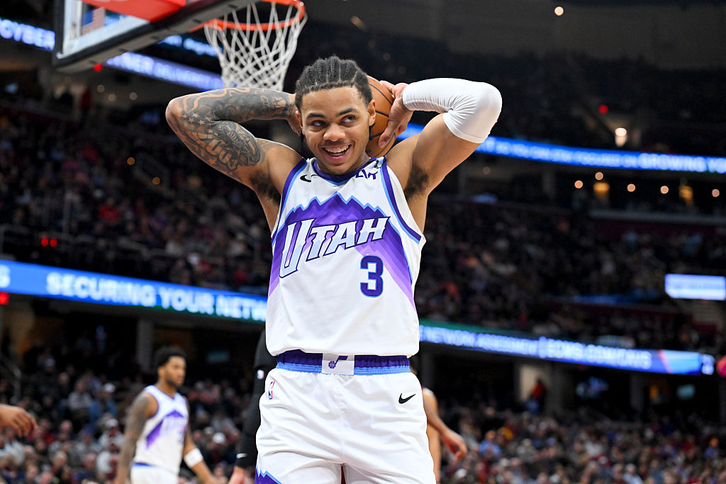 CLEVELAND, OHIO - JANUARY 12: Guard Keyonte George #3 of the Utah Jazz reacts during the fourth quarter against the Cleveland Cavaliers at Rocket Arena on January 12, 2026 in Cleveland, Ohio. The Jazz defeated the Cavaliers 123-112. NOTE TO USER: User expressly acknowledges and agrees that, by downloading and or using this photograph, User is consenting to the terms and conditions of the Getty Images License Agreement. (Photo by Jason Miller/Getty Images)