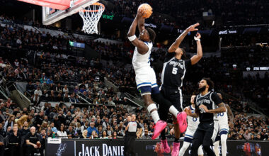 SAN ANTONIO, TX - JANUARY 17: Anthony Edwards #5 of the Minnesota Timberwolves drives past Stephon Castle #5 of the San Antonio Spurs in the first half at Frost Bank Center on January 17, 2026 in San Antonio, Texas. NOTE TO USER: User expressly acknowledges and agrees that, by downloading and or using this photograph, User is consenting to terms and conditions of the Getty Images License Agreement. (Photo by Ronald Cortes/Getty Images)