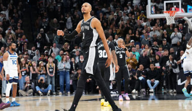 SAN ANTONIO, TX - JANUARY 17: Victor Wembanyama #1 of the San Antonio Spurs celebrates after the game against the Minnesota Timberwolves on January 17, 2026 at the Frost Bank Center in San Antonio, Texas. NOTE TO USER: User expressly acknowledges and agrees that, by downloading and or using this photograph, user is consenting to the terms and conditions of the Getty Images License Agreement. Mandatory Copyright Notice: Copyright 2026 NBAE (Photos by Sharon Chi/NBAE via Getty Images)