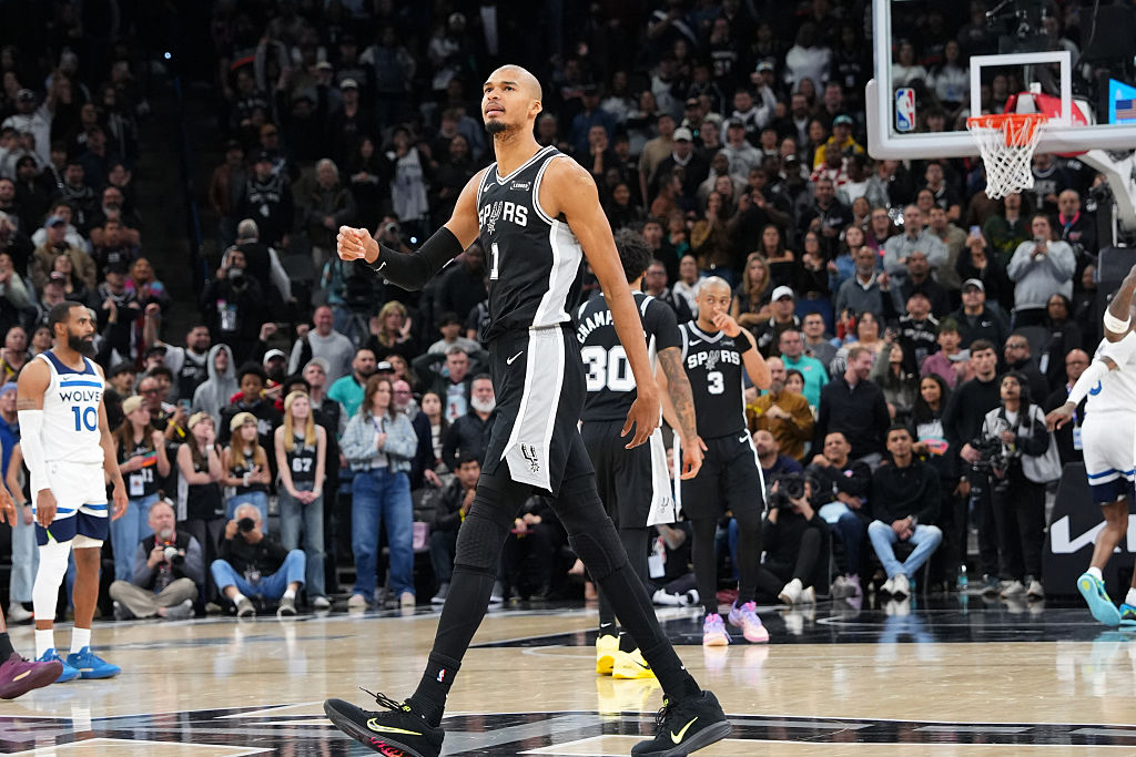 SAN ANTONIO, TX - JANUARY 17: Victor Wembanyama #1 of the San Antonio Spurs celebrates after the game against the Minnesota Timberwolves on January 17, 2026 at the Frost Bank Center in San Antonio, Texas. NOTE TO USER: User expressly acknowledges and agrees that, by downloading and or using this photograph, user is consenting to the terms and conditions of the Getty Images License Agreement. Mandatory Copyright Notice: Copyright 2026 NBAE (Photos by Sharon Chi/NBAE via Getty Images)