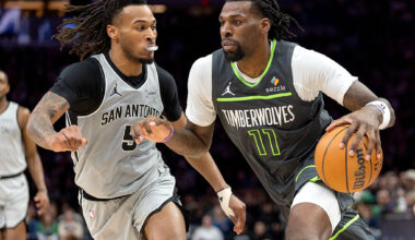 MINNEAPOLIS, MN. - JANUARY 2026: Minnesota Timberwolves forward Naz Reid (11) is guarded by San Antonio's Stephon Castle (5) at Target Center in Minneapolis, Minn., on Sunday, January 11, 2026. Minnesota Timberwolves vs. San Antonio Spurs. (Photo by Carlos Gonzalez/The Minnesota Star Tribune via Getty Images)e.com