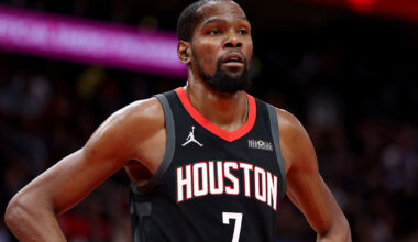 HOUSTON, TEXAS - JANUARY 15: Kevin Durant #7 of the Houston Rockets reacts during the game against the Oklahoma City Thunder at Toyota Center on January 15, 2026 in Houston, Texas. User expressly acknowledges and agrees that, by downloading and or using this photograph, User is consenting to the terms and conditions of the Getty Images License Agreement. (Photo by Kenneth Richmond/Getty Images)