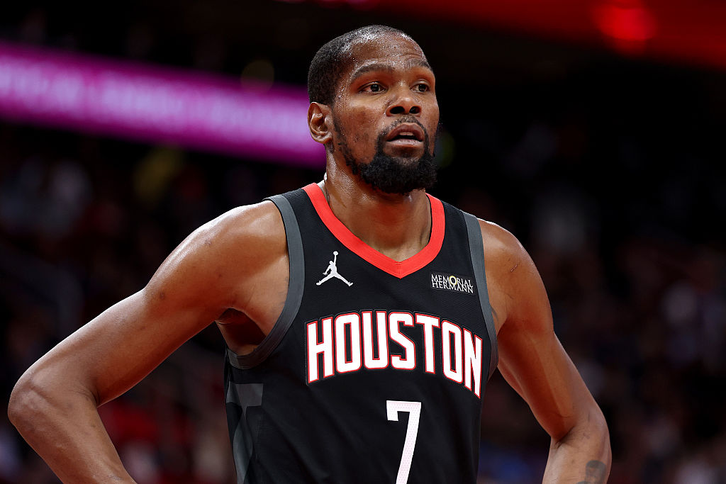 HOUSTON, TEXAS - JANUARY 15: Kevin Durant #7 of the Houston Rockets reacts during the game against the Oklahoma City Thunder at Toyota Center on January 15, 2026 in Houston, Texas. User expressly acknowledges and agrees that, by downloading and or using this photograph, User is consenting to the terms and conditions of the Getty Images License Agreement. (Photo by Kenneth Richmond/Getty Images)