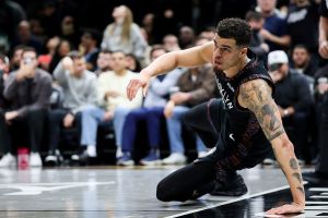 NEW YORK, NEW YORK - JANUARY 16: Michael Porter Jr. #17 of the Brooklyn Nets falls after shooting the ball during the fourth quarter of the game against the Chicago Bulls at Barclays Center on January 16, 2026 in the Brooklyn borough of New York City. The Brooklyn Nets won 112-109. NOTE TO USER: User expressly acknowledges and agrees that, by downloading and or using this photograph, user is consenting to the terms and conditions of the Getty Images License Agreement. (Photo by Ishika Samant/Getty Images)