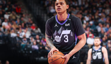 SALT LAKE CITY, UT - JANUARY 20: Keyonte George #3 of the Utah Jazz shoots a free throw during the game against the Minnesota Timberwolves on January 20, 2026 at Delta Center in Salt Lake City, Utah. NOTE TO USER: User expressly acknowledges and agrees that, by downloading and or using this Photograph, User is consenting to the terms and conditions of the Getty Images License Agreement. Mandatory Copyright Notice: Copyright 2026 NBAE (Photo by Melissa Majchrzak/NBAE via Getty Images)