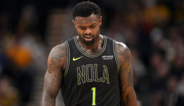 INDIANAPOLIS, INDIANA - JANUARY 16: Zion Williamson #1 of the New Orleans Pelicans walks across the court in the fourth quarter against the Indiana Pacers at Gainbridge Fieldhouse on January 16, 2026 in Indianapolis, Indiana.