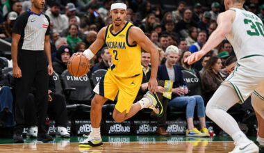BOSTON, MASSACHUSETTS - JANUARY 21: Andrew Nembhard #2 of the Indiana Pacers dribbles the ball against Sam Hauser #30 of the Boston Celtics during the second half at TD Garden on January 21, 2026 in Boston, Massachusetts. NOTE TO USER: User expressly acknowledges and agrees that, by downloading and or using this photograph, User is consenting to the terms and conditions of the Getty Images License Agreement. (Photo by China Wong/Getty Images)