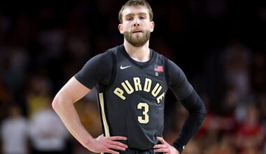 LOS ANGELES, CALIFORNIA - JANUARY 17: Braden Smith #3 of the Purdue Boilermakers looks on against the USC Trojans at Galen Center on January 17, 2026 in Los Angeles, California. (Photo by Luke Hales/Getty Images)