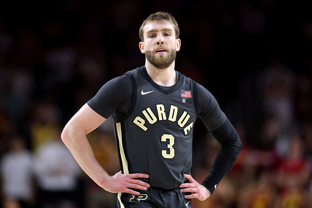 LOS ANGELES, CALIFORNIA - JANUARY 17: Braden Smith #3 of the Purdue Boilermakers looks on against the USC Trojans at Galen Center on January 17, 2026 in Los Angeles, California. (Photo by Luke Hales/Getty Images)