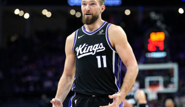 SACRAMENTO, CALIFORNIA - JANUARY 18: Domantas Sabonis #11 of the Sacramento Kings reacts after he was called for a foul against the Portland Trail Blazers in the second half of an NBA basketball game at Golden 1 Center on January 18, 2026 in Sacramento, California. NOTE TO USER: User expressly acknowledges and agrees that, by downloading and or using this photograph, User is consenting to the terms and conditions of the Getty Images License Agreement. (Photo by Thearon W. Henderson/Getty Images)