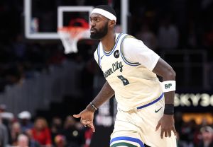 ATLANTA, GEORGIA - JANUARY 19: Bobby Portis #9 of the Milwaukee Bucks reacts after hitting a three-point basket against the Atlanta Hawks during the fourth quarter at State Farm Arena on January 19, 2026 in Atlanta, Georgia. NOTE TO USER: User expressly acknowledges and agrees that, by downloading and or using this photograph, User is consenting to the terms and conditions of the Getty Images License Agreement. (Photo by Kevin C. Cox/Getty Images)
