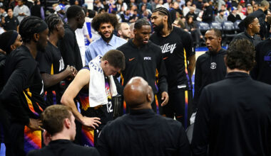 Collin Gillespie #12 of the Phoenix Suns stands during a timeout during the second half against the...