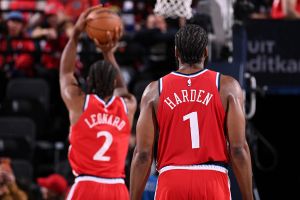 INGLEWOOD, CA - JANUARY 25: James Harden #1 looks on while Kawhi Leonard #2 of the LA Clippers shoots a free throw during the game against the Brooklyn Nets on January 25, 2026 at Intuit Dome in Los Angeles, California. NOTE TO USER: User expressly acknowledges and agrees that, by downloading and/or using this Photograph, user is consenting to the terms and conditions of the Getty Images License Agreement. Mandatory Copyright Notice: Copyright 2026 NBAE (Photo by Juan Ocampo/NBAE via Getty Images)