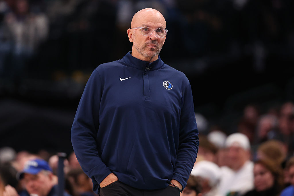 DALLAS, TEXAS - JANUARY 24: Head coach Jason Kidd of the Dallas Mavericks looks on during the third quarter of the game against the Los Angeles Lakers at American Airlines Center on January 24, 2026 in Dallas, Texas. NOTE TO USER: User expressly acknowledges and agrees that, by downloading and or using this photograph, user is consenting to the terms and conditions of the Getty Images License Agreement. (Photo by Sam Hodde/Getty Images)