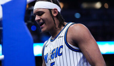 ORLANDO, FLORIDA - JANUARY 24: Paolo Banchero #5 of the Orlando Magic reacts against the Cleveland Cavaliers during the second quarter at Kia Center on January 24, 2026 in Orlando, Florida.