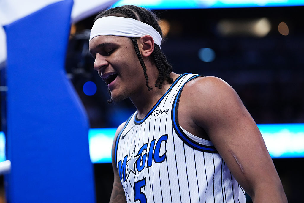 ORLANDO, FLORIDA - JANUARY 24: Paolo Banchero #5 of the Orlando Magic reacts against the Cleveland Cavaliers during the second quarter at Kia Center on January 24, 2026 in Orlando, Florida.