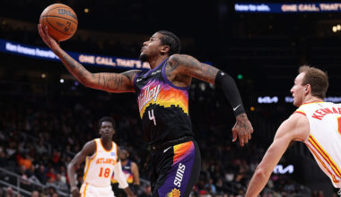 ATLANTA, GEORGIA - JANUARY 23: Jalen Green #4 of the Phoenix Suns drives against Luke Kennard #4 of the Atlanta Hawks during the first quarter at State Farm Arena on January 23, 2026 in Atlanta, Georgia. NOTE TO USER: User expressly acknowledges and agrees that, by downloading and or using this photograph, User is consenting to the terms and conditions of the Getty Images License Agreement. (Photo by Kevin C. Cox/Getty Images)