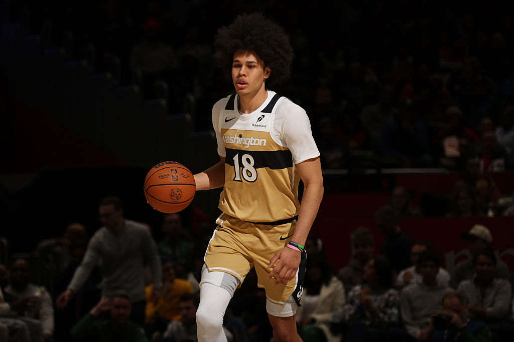 WASHINGTON, DC -  JANUARY 29: Kyshawn George #18 of the Washington Wizards handles the ball during the game against the Milwaukee Bucks on January 29, 2026 at Capital One Arena in Washington, DC. NOTE TO USER: User expressly acknowledges and agrees that, by downloading and or using this Photograph, user is consenting to the terms and conditions of the Getty Images License Agreement. Mandatory Copyright Notice: Copyright 2026 NBAE (Photo by Stephen Gosling/NBAE via Getty Images)