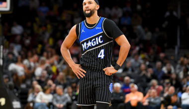 CLEVELAND, OHIO - JANUARY 26: Jalen Suggs #4 of the Orlando Magic reacts during the fourth quarter against the Cleveland Cavaliers at Rocket Arena on January 26, 2026 in Cleveland, Ohio. The Cavaliers defeated the Magic 114-98. NOTE TO USER: User expressly acknowledges and agrees that, by downloading and or using this photograph, User is consenting to the terms and conditions of the Getty Images License Agreement. (Photo by Jason Miller/Getty Images)