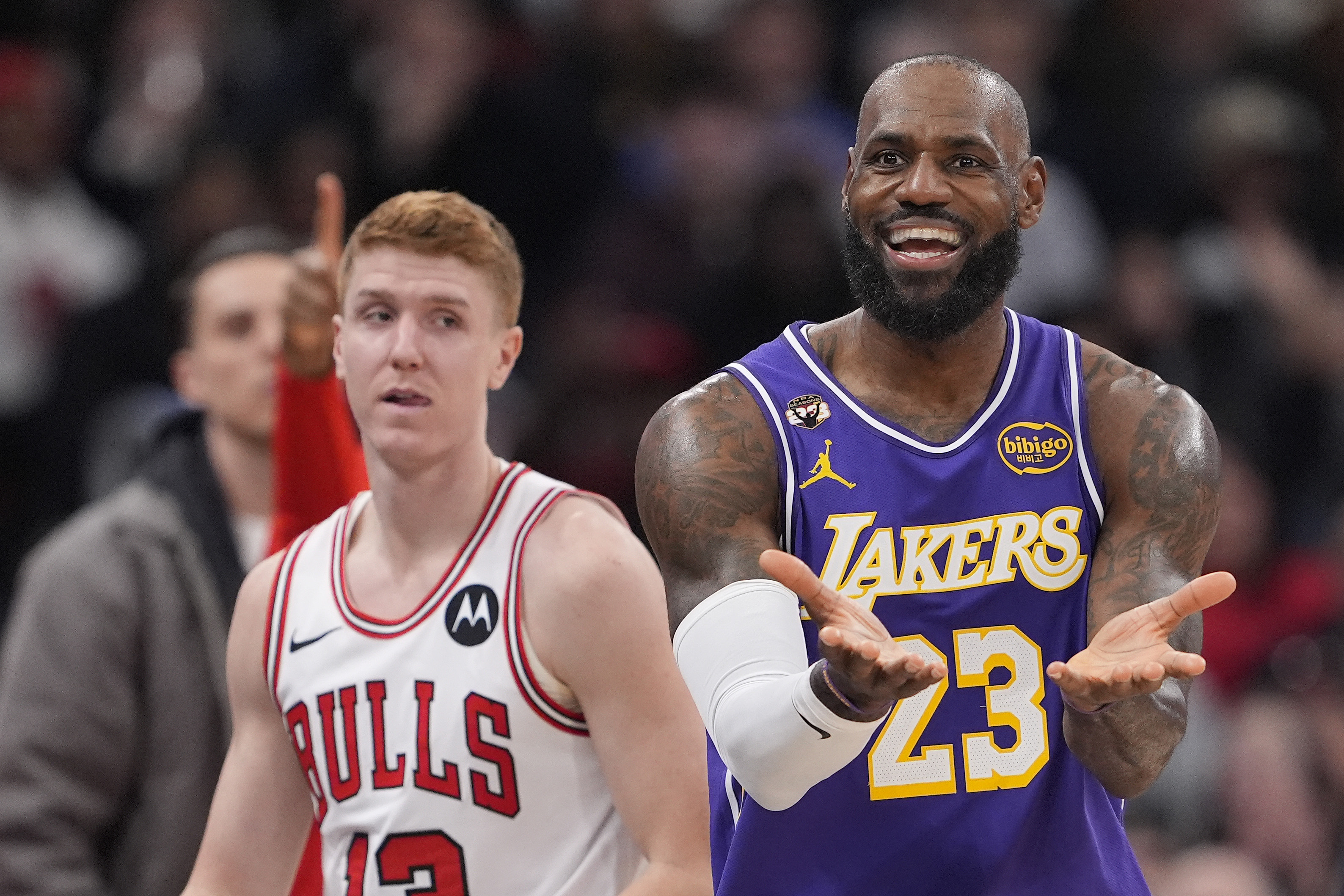 Lakers star LeBron James reacts after a foul call during...