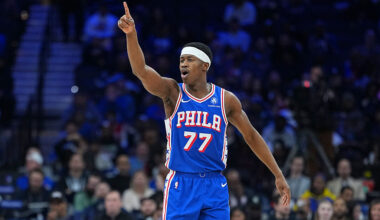 PHILADELPHIA, PENNSYLVANIA - JANUARY 27: Vj Edgecombe #77 of the Philadelphia 76ers calls out to his team against the Milwaukee Bucks at Xfinity Mobile Arena on January 27, 2026 in Philadelphia, Pennsylvania. The 76ers defeated the Bucks 139-122. NOTE TO USER: User expressly acknowledges and agrees that, by downloading and or using this photograph, User is consenting to the terms and conditions of the Getty Images License Agreement. (Photo by Mitchell Leff/Getty Images)