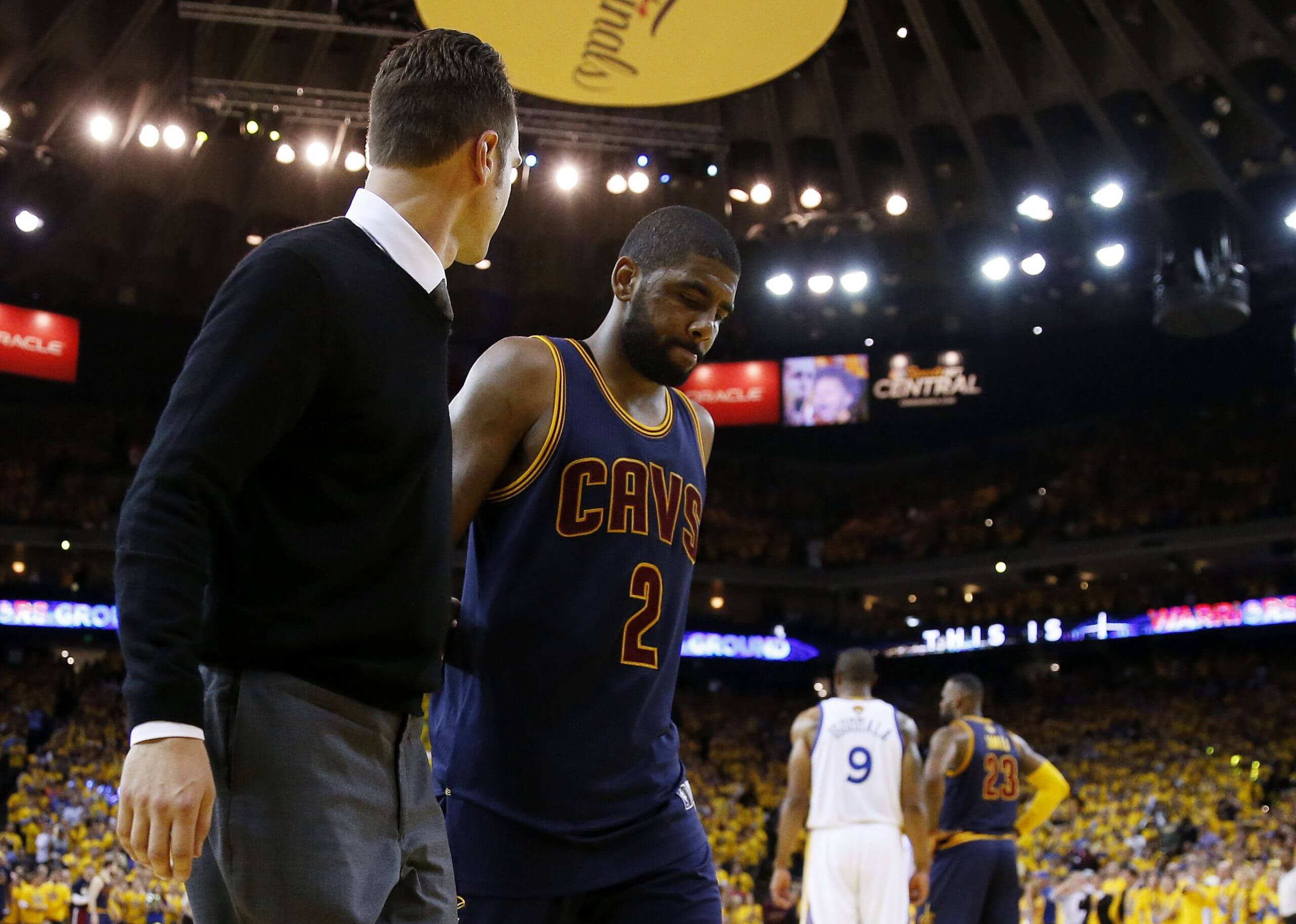 Kyrie Irving leaves Game 1 of the 2015 NBA Finals with an injury.