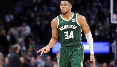 Feb 23, 2024; Minneapolis, Minnesota, USA; Milwaukee Bucks forward Giannis Antetokounmpo (34) celebrates his shot during the second half against the Minnesota Timberwolves at Target Center. Mandatory Credit: Matt Krohn-Imagn Images