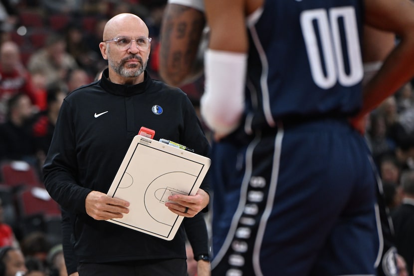 Dallas Mavericks head coach Jason Kidd looks on before being ejected during the first half...