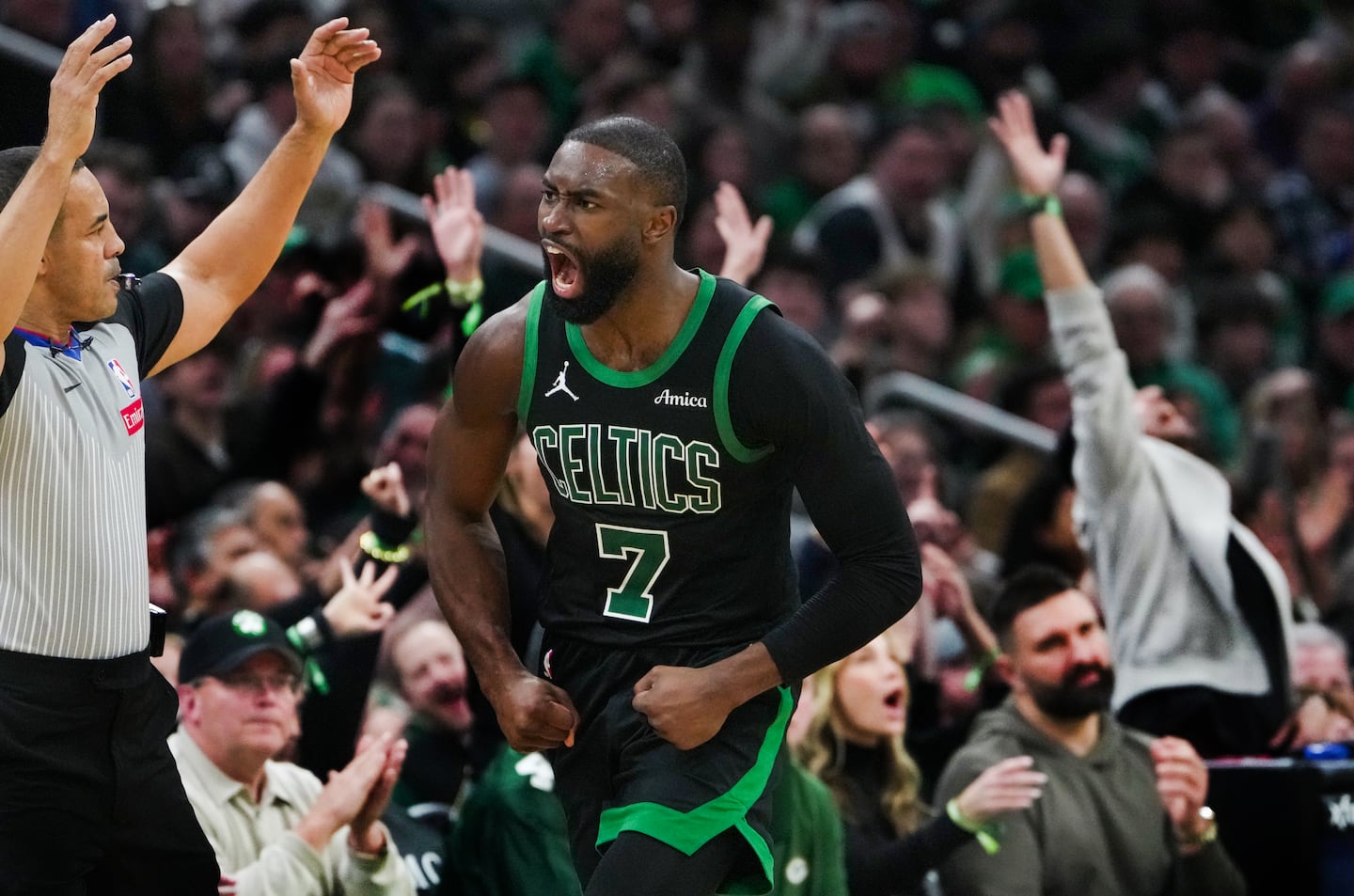 Jaylen Brown howls after hitting a 3-pointer against the Spurs in 2025.