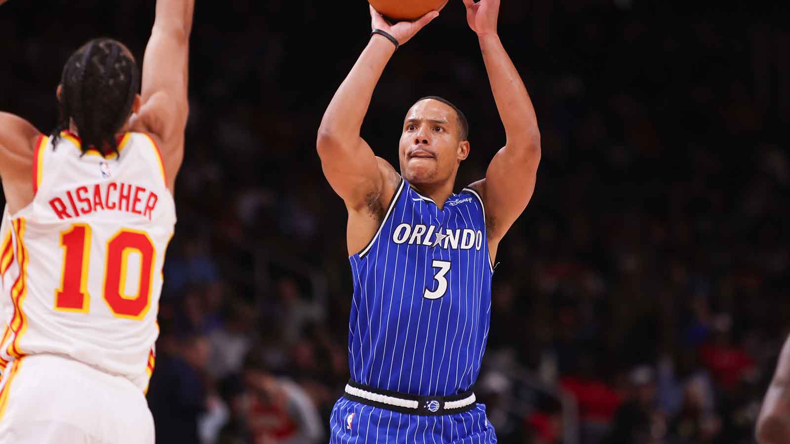 Orlando Magic guard Desmond Bane (3) shoots against the Atlanta Hawks in the second quarter at State Farm Arena.