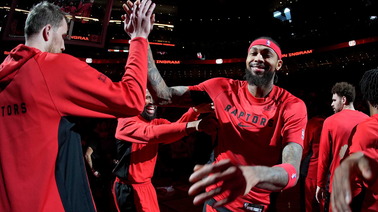 Toronto Raptors forward Brandon Ingram (3) comes onto the court during player introductions before a game against the Charlotte Hornets at Scotiabank Arena.