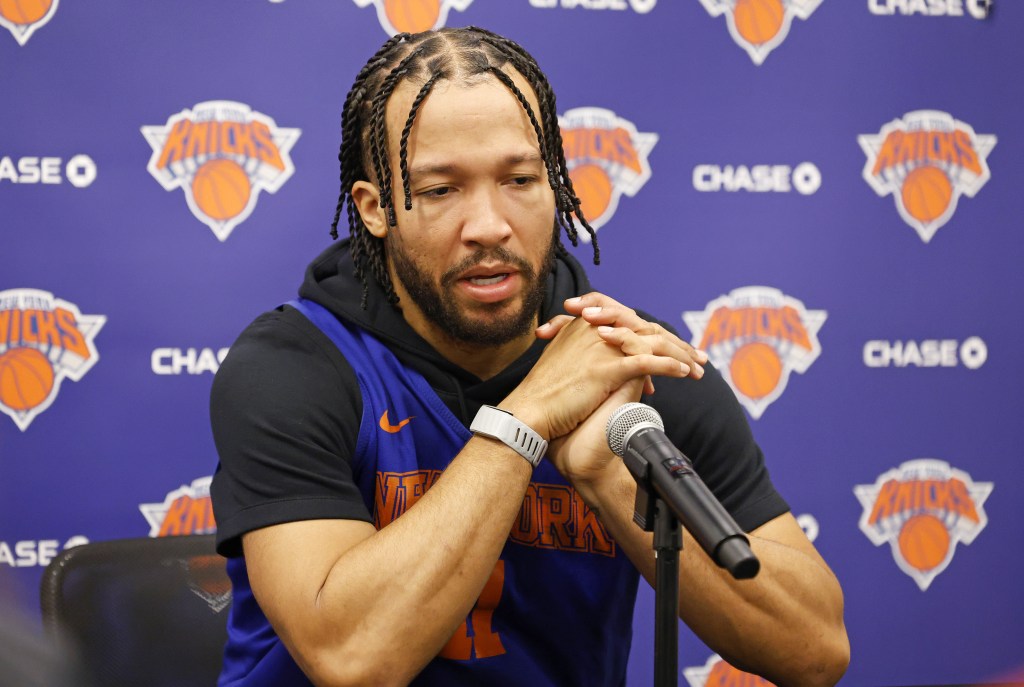 Jalen Brunson talks with the media at the Knicks' practice facility on Jan. 20, 2026.