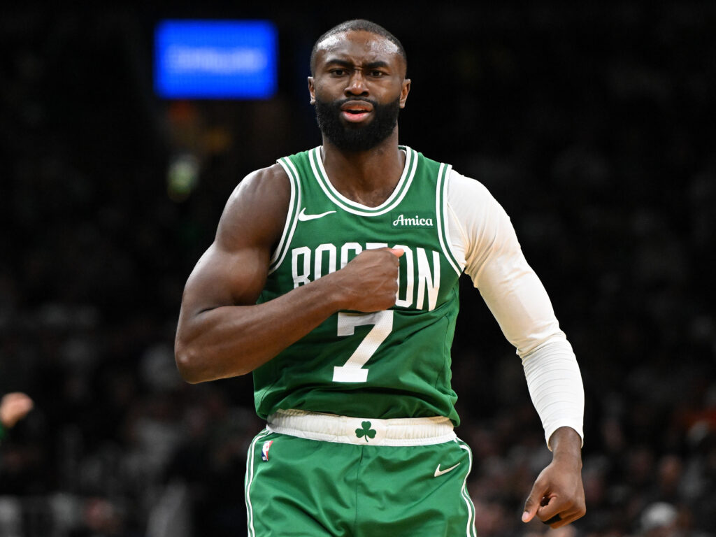 Dec 2, 2025; Boston, Massachusetts, USA; Boston Celtics guard Jaylen Brown (7) reacts after scoring against the New York Knicks during the second half at the TD Garden. Mandatory Credit: Brian Fluharty-Imagn Images