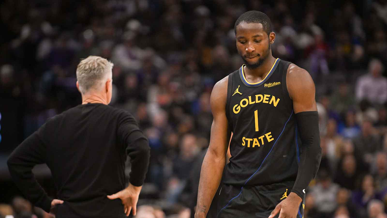 Golden State Warriors forward Jonathan Kuminga (1) walks off the court after being removed from the game during the fourth quarter of the game against the Sacramento Kings at Golden 1 Center.